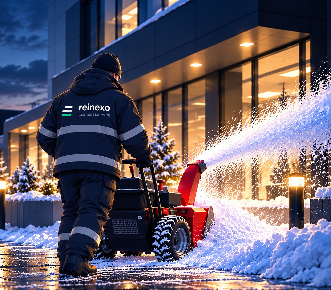 Winterdienst mit Schneefräse vor einem Bürogebäude